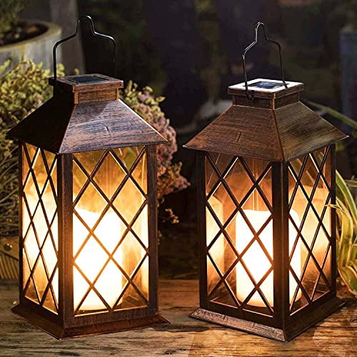 [2 Pack] 14" Solar Lantern Outdoor Garden Hanging Lantern Waterproof LED Flickering Flameless Candle Mission Lights for Table,Outdoor，Mothers Day Gifts Mom Wife