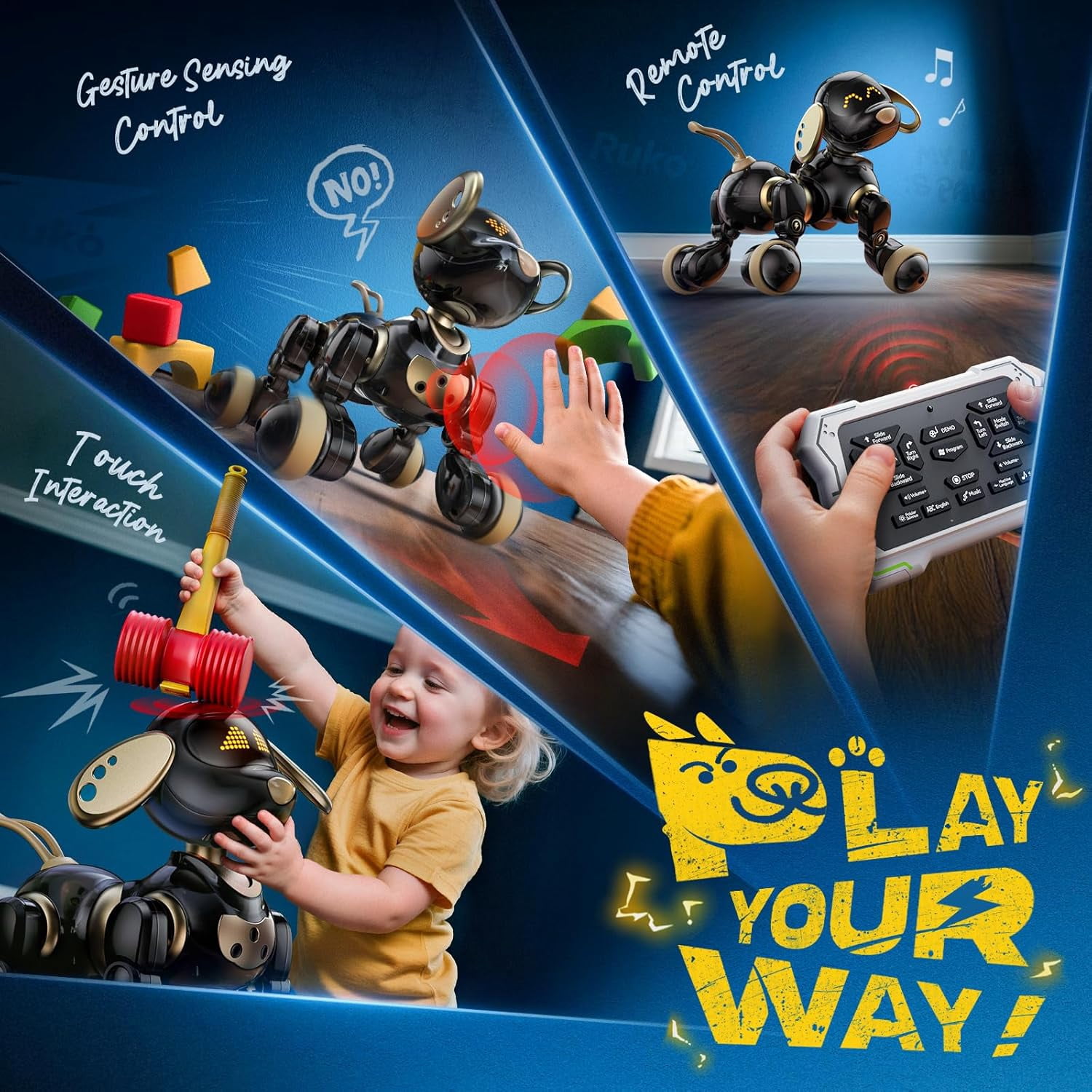 Ruko 18011 Robot Dog Toy, Smart Interactive Puppy, Programmable, 30+ LED Faces, Remote & Gesture Control, Black & Gold, Ages 3-8