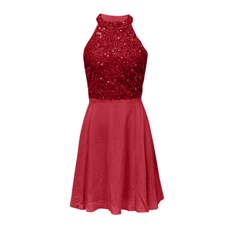 Efsteb Western Formal Dresses for Women Sequin Mini Dress Backless Patckwork Sleeveless A-Line Cocktail Dresses (Red,M), Women's, Size: Medium