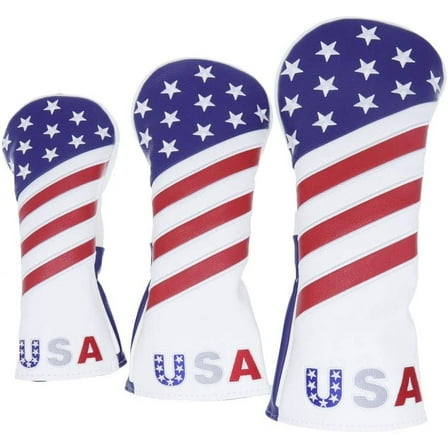 3Pcs USA Flag Golf Cover for Driver, Fairway Wood and Hybrid Golf Club Headcovers