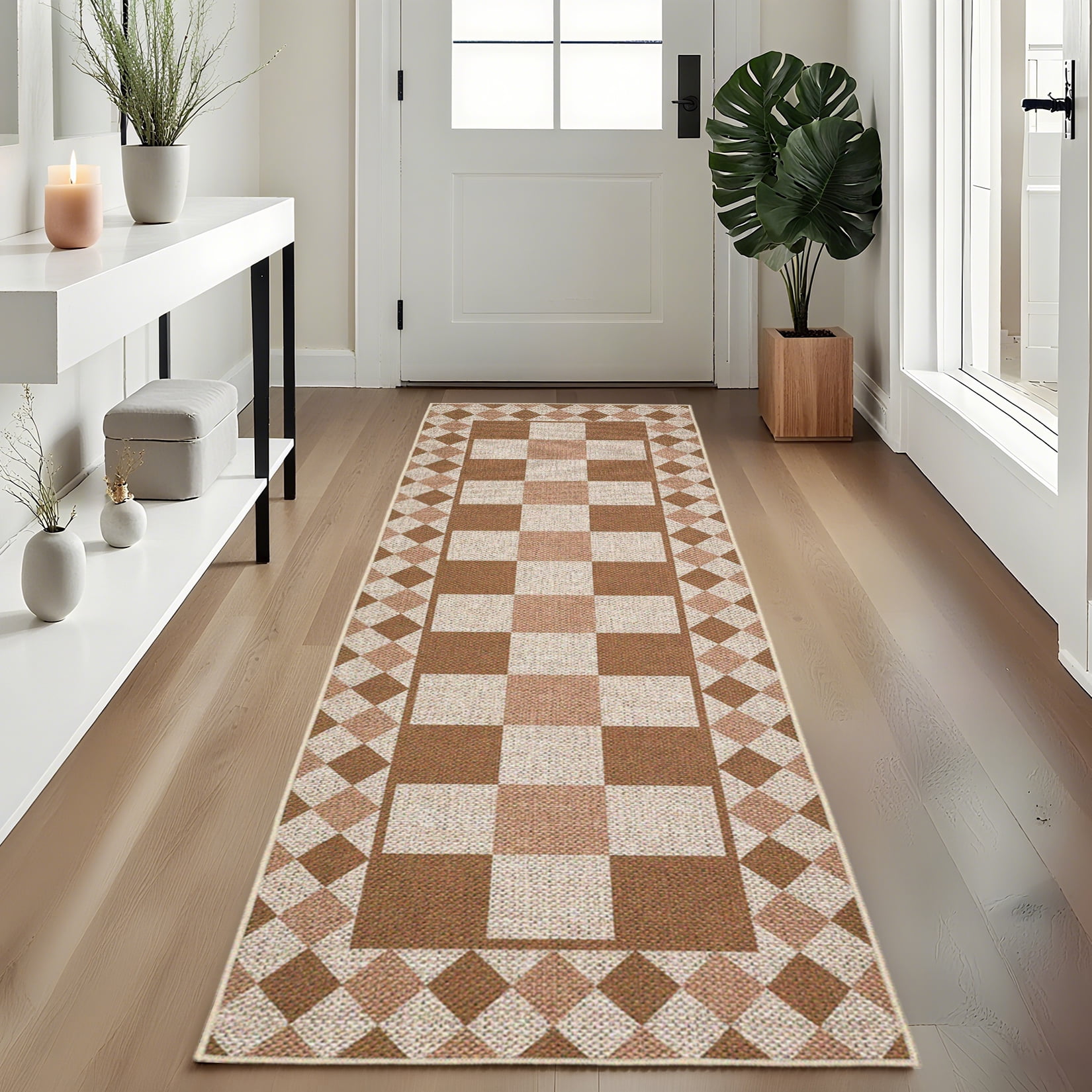 Modern Runner Rug for Hallway 2x6 Checkered Easy Jute Rug with Non-Slip Backing, Stain-Resistant Kitchen Runner, Washable Geometric Indoor Outdoor Rug for Laundry Entryway, Brown