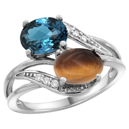 - 14K White Gold Diamond Natural London Blue Topaz & Tiger Eye 2-stone Ring Oval 8x6mm, sizes 5 - 10