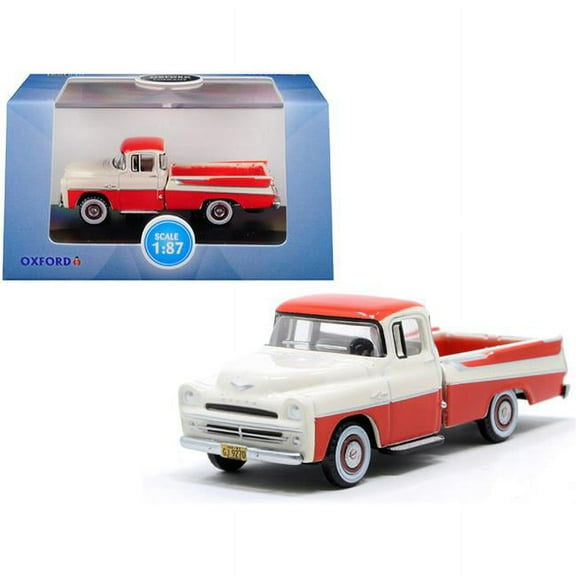 Oxford Diecast 87DP57001 1957 Dodge D100 Sweptside Pickup Truck Tropical Coral & Glacier 1 by 87 HO Scale Diecast Model Car, White