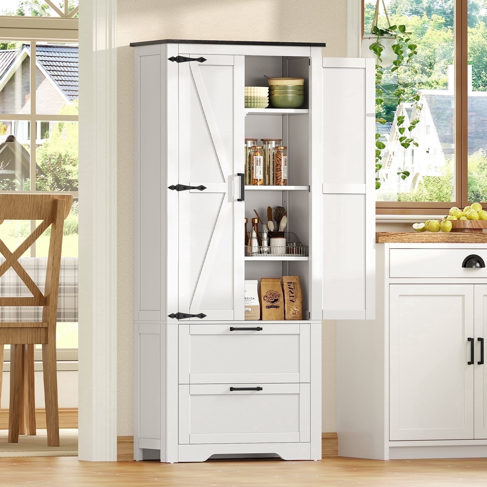 TEENFON 66.2" H Storage Cabinet with 2 Drawers, Farmhouse Kitchen Pantry Cabinet with 2 Doors & Adjustable Shelf, Handbag Storage Organizer, for Living Room, Kitchen, Bedroom, White