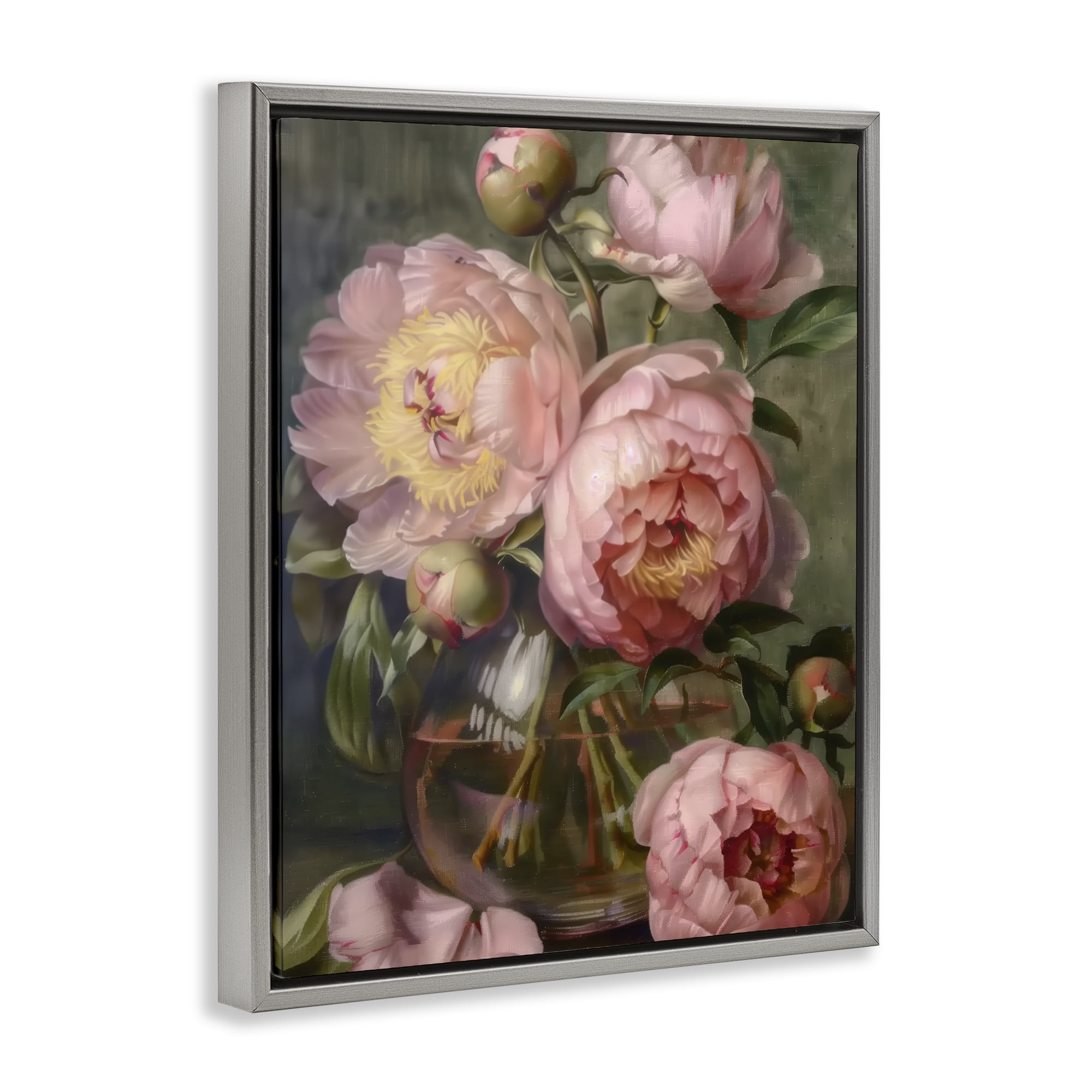 Stupell Industries Pink Peonies in Glass Vase Gray Framed Floater Canvas Wall Art, design by LSR Design Studio