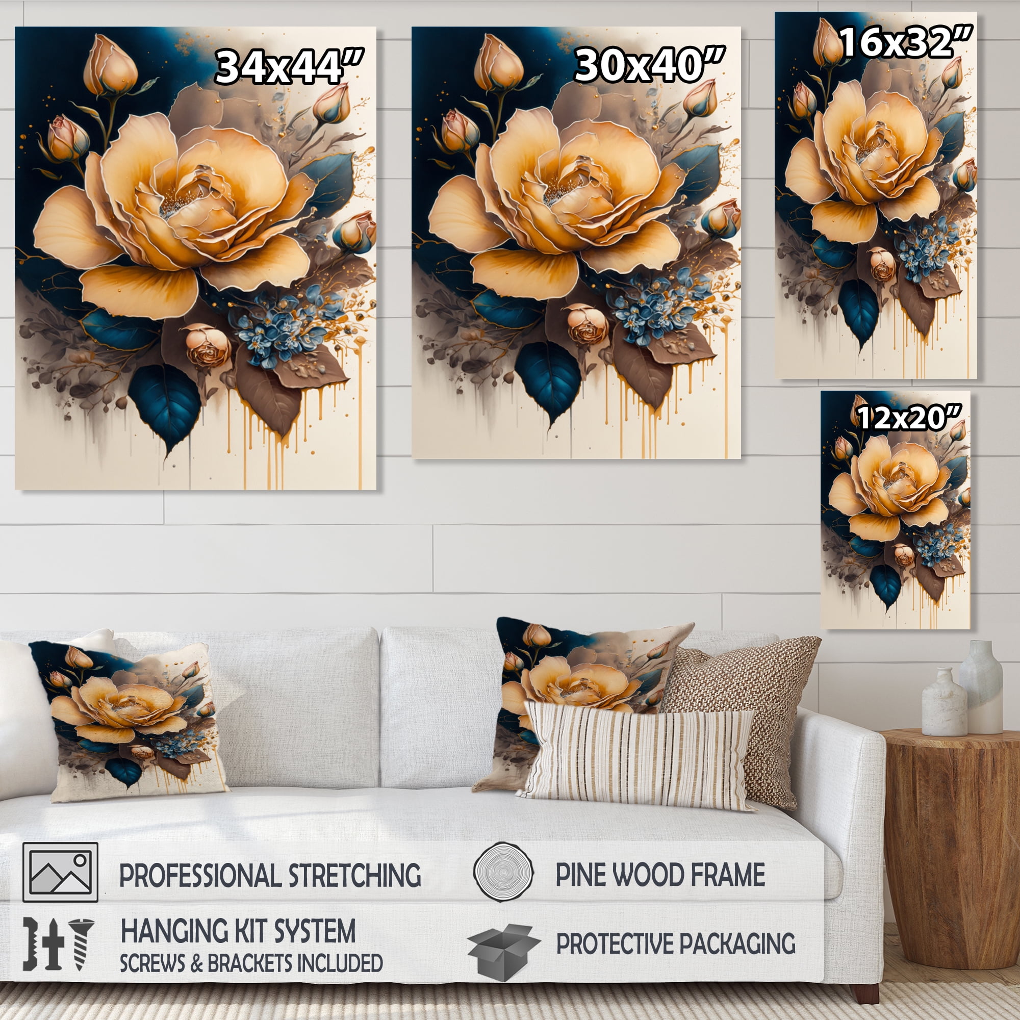 Designart Yellow And Blue Roses II Canvas Wall Art