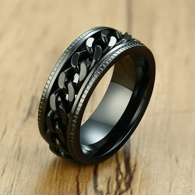 Mens FIDGET Black Rings with Center Curb Chain Spinner Ring Stainless Steel