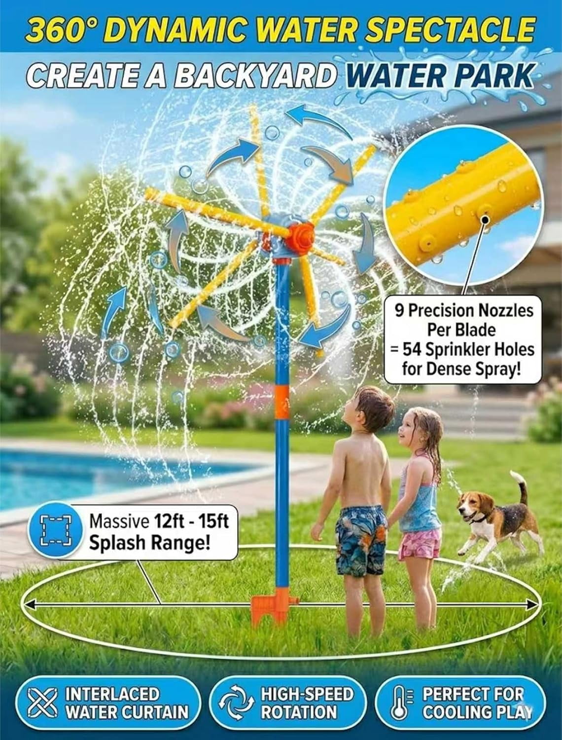 Water Windmill Toy, 55" Sprinkler for Kids with 54 Spray Nozzles, 360° Spinning Splash Outdoor Yard Toy, Double-Sided 6-Blade Design, Garden Watering & Summer Fun