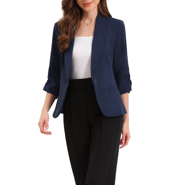 blazer de solapa inspirador para mujeres con mangas 3/4, bolsillo, botón único, traje de trabajo l, azul real blazer azul real con solapa tipo chaleco y corte ajustado; mangas 3/4 remangadas, un botón frontal visible y bolsillo lateral funcional; vista frontal 3/4 sobre blusa blanca y pantalón negro, ideal para oficina y reuniones.