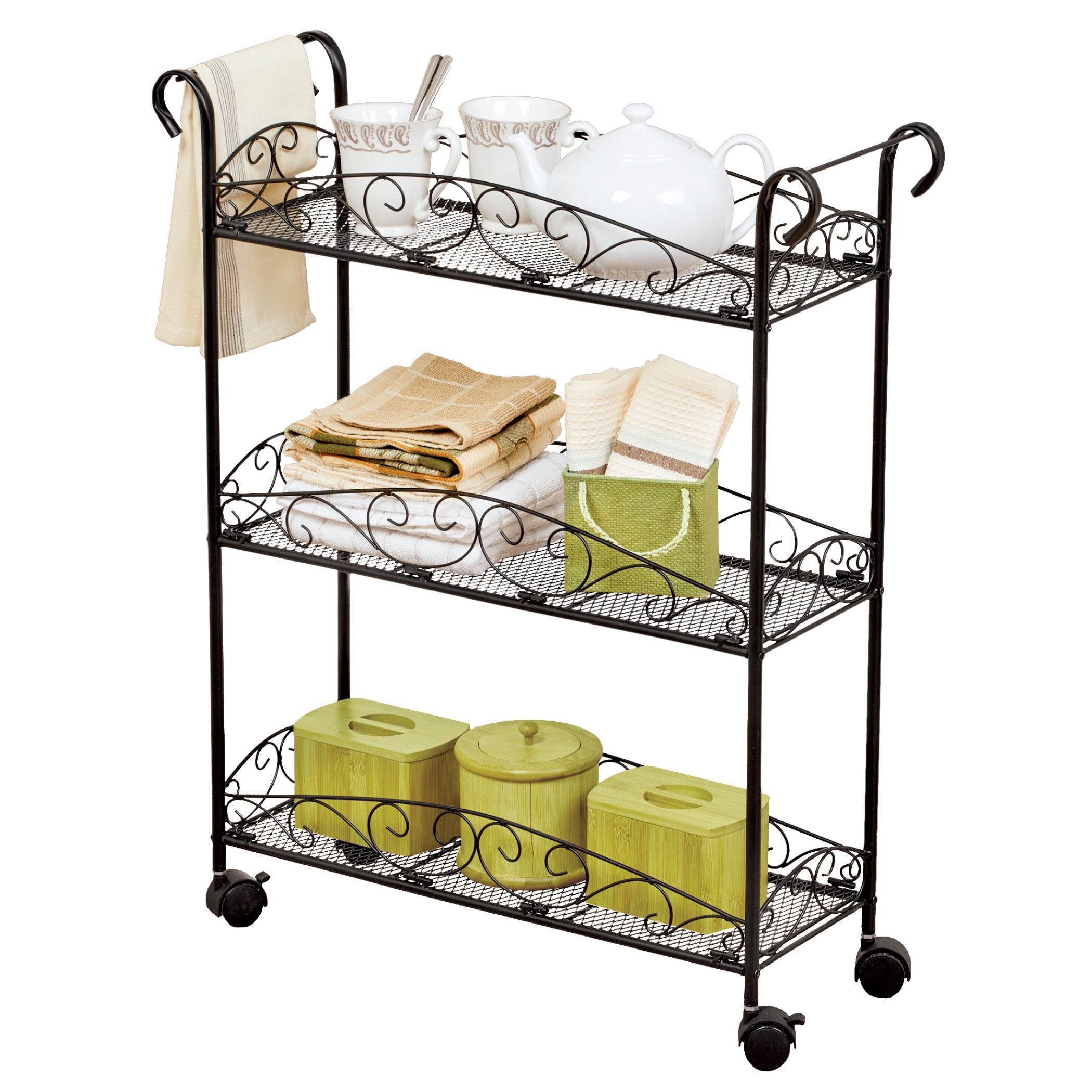 3Tier Metal Rolling Cart with Towel Racks, an Elegant Scroll Design