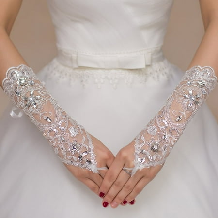 Lace Long Wedding Gloves Bride Soft Fingerless Embroidery Lace Long Wedding Gloves Bride Soft Fingerless Embroidery Dress Stretch Satin With Artificial Diamond