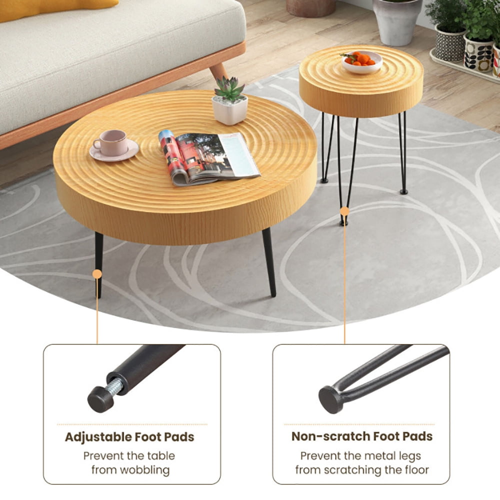Finihen Coffee Table, Wooden Coffee Table, Set of 2 Solid Wood Farmhouse Round Coffee Tables with Ring Pattern, for Living Room, Reception Room, Natural Finihen Coffee Table, Wooden Coffee Table, Set of 2 Solid Wood Farmhouse Round Coffee Tables with Ring Pattern, for Living Room, Reception Room, Natural