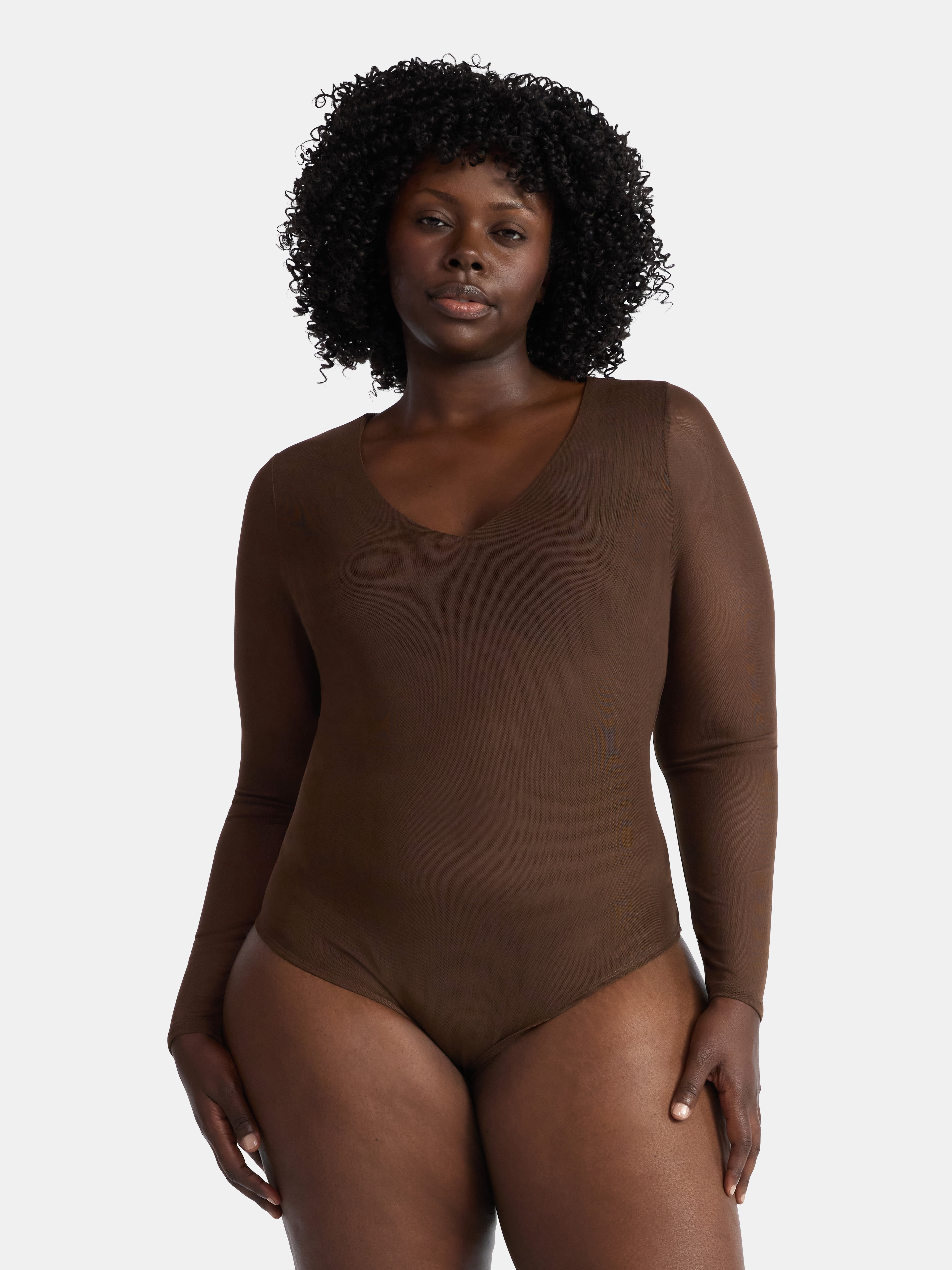 Terra & Sky Women's Plus V Neck Mesh Bodysuit with Long Sleeves, Sizes 0X-5X