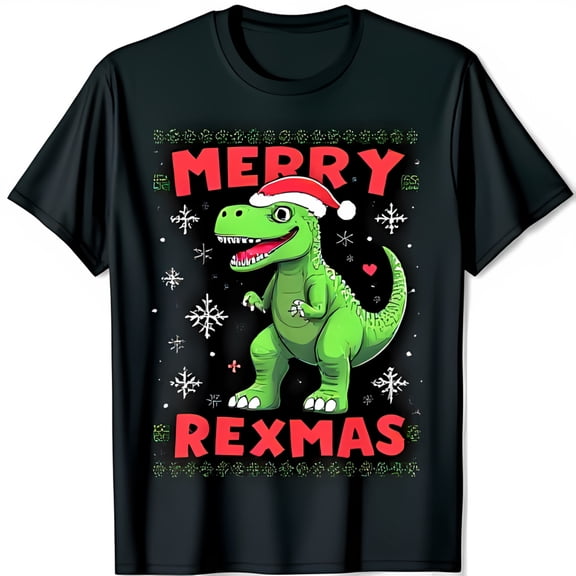 Funny Merry Rexmas Black T-Shirt with Green in Santa Hat & Snowflakes