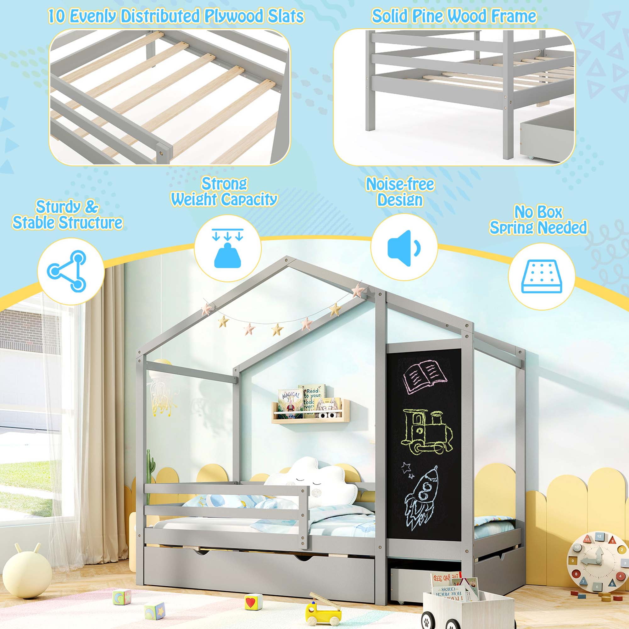 Costway Twin House Bed with 2 Storage Drawers Solid Wood Platform Bed with Blackboard Gray