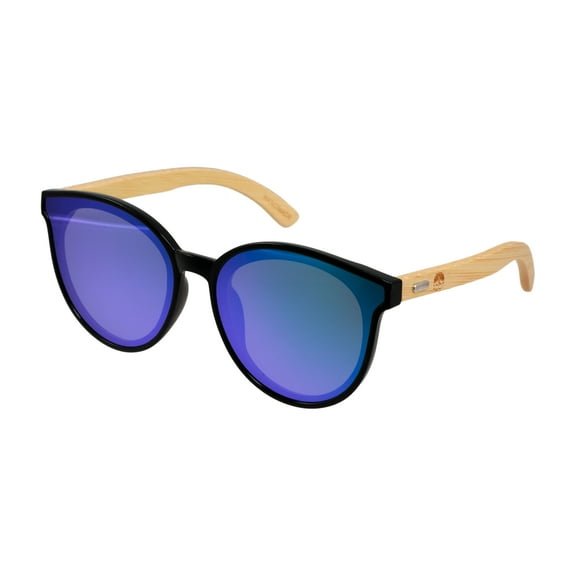 Root Sophia Black PC Blue Mirror Lens Bamboo Temples Women's Sunglasses|1YR. Warranty