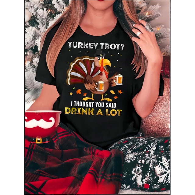 1pc Women'S Casual Crew Neck T-Shirt with Turkey Graphic, Cotton Knit Fabric, animal Pattern, Medium Stretch, all-Season Comfort - Fun Thanksgiving Print Tee