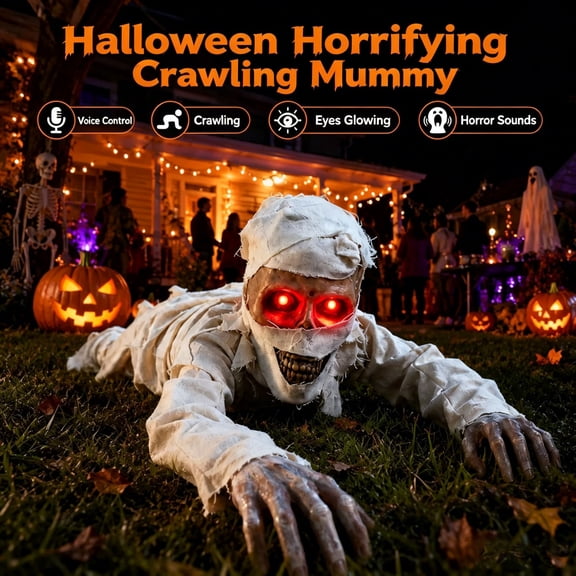 Sahpxhe Halloween Decorations Outdoor Ghost Decor, Crawling Mummy Prop with Voice Control Red Glowing Eyes Scary Sounds for Yard Party Decor White