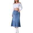 thumbnail image 2 of INSPIRE CHIC Womens Denim High Waisted A-Line Fishtail Long Jean Skirt L Blue, 2 of 6