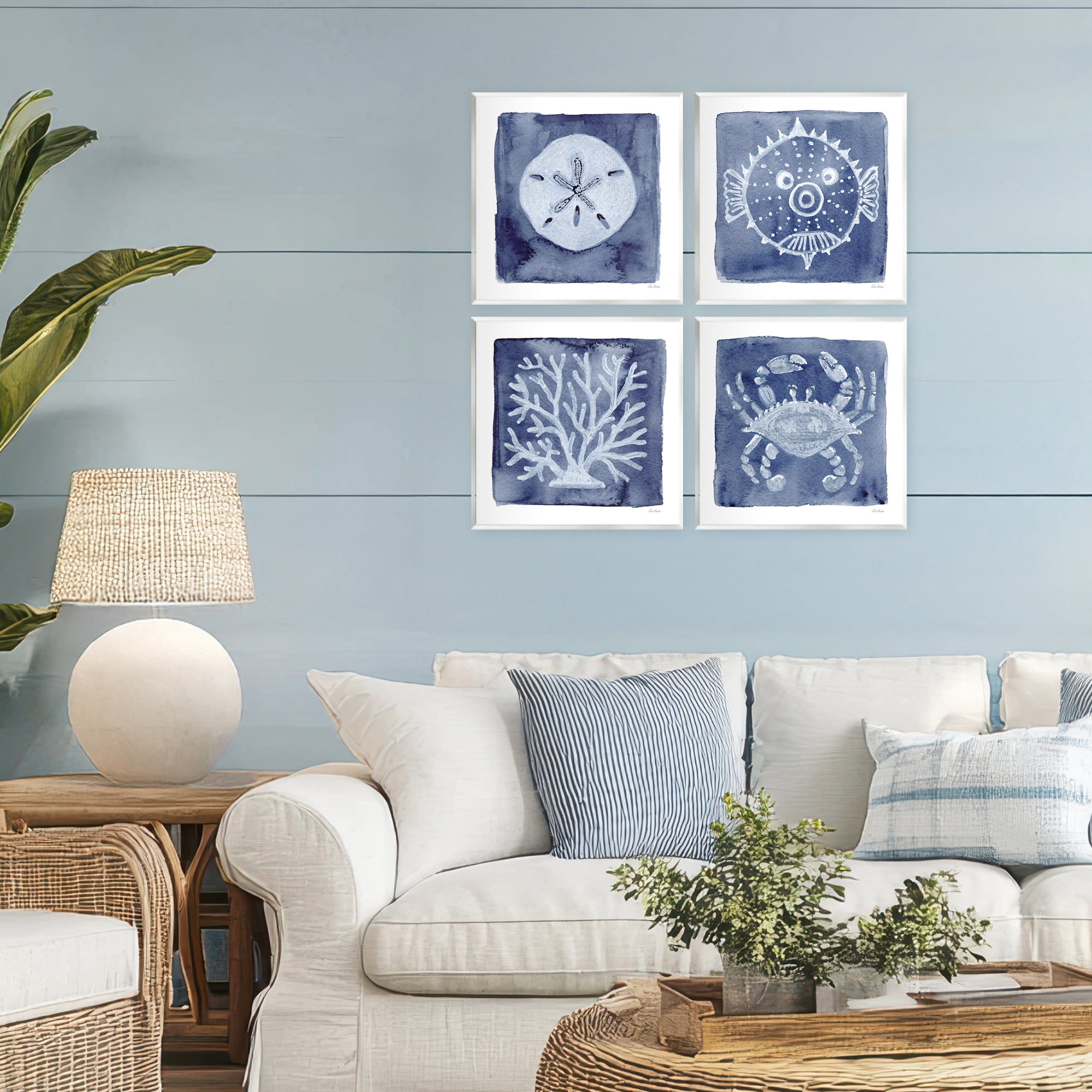 Stupell Industries Aquatic Creatures on Indigo 4 Piece Wall Plaque Art Set, design by Patti Bishop
