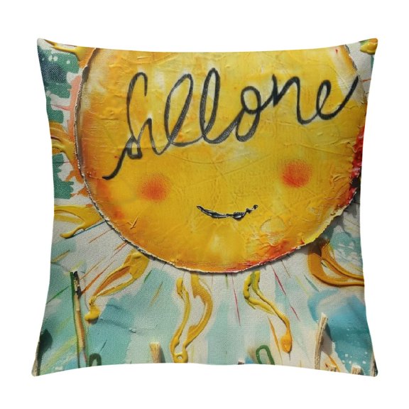 Hello Summer Sun Decorative Throw Pillow, Daisy Flower Yellow Cushion Case Decor, Here Comes The Sun Seasonal Home Decoration for Sofa Couch
