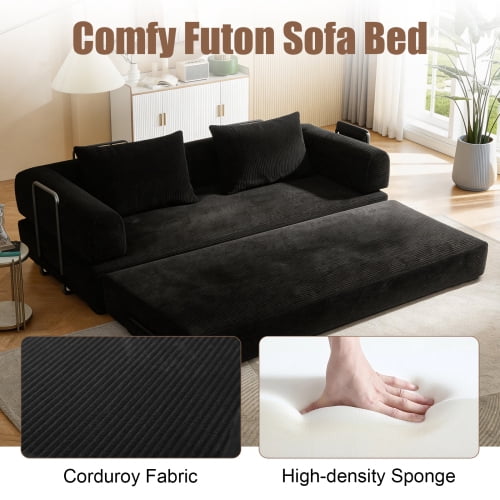 78" Corduroy Convertible Sleeper Sofa Bed, Boneless Futon Couch Floor Lounger Loveseat with Pull Out Mattress, Black