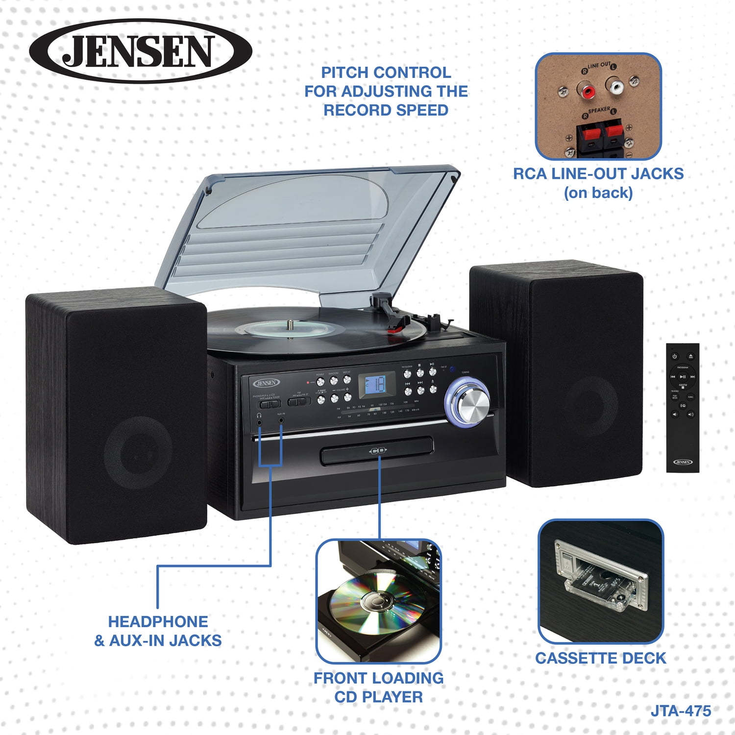 JENSEN 6-Watt-RMS 3-Speed Belt-Drive Manual Turntable with Detached Stereo Speakers, Pitch Control, CD/Cassette/AM/FM/Aux, Remote, JTA-475
