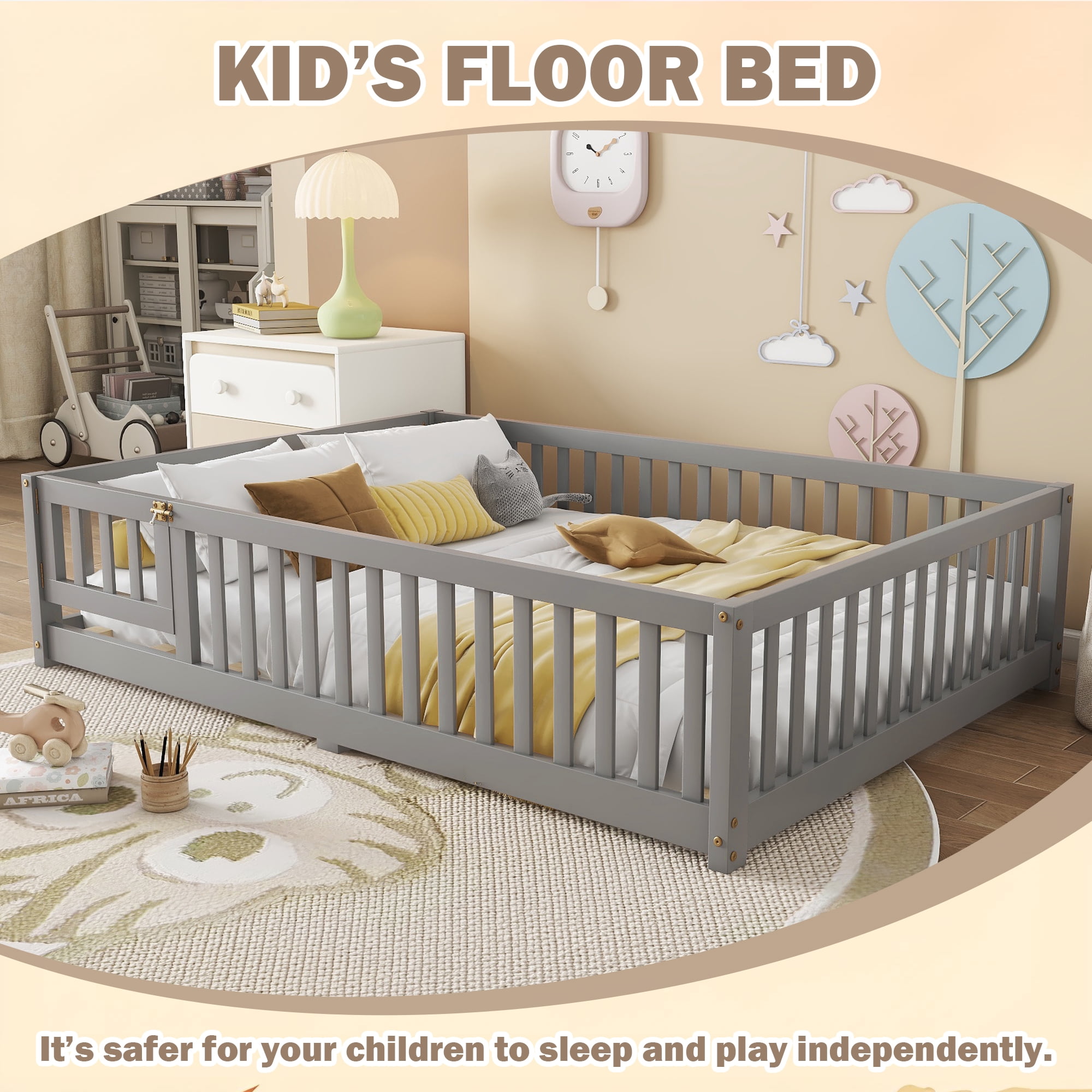 Bellemave Full Size Bed Floor Bed with Safety Guardrails and Door, loor Bed with Bed Slats Sturdy Wood Floor Bed Montessori Bed Frame, Gray
