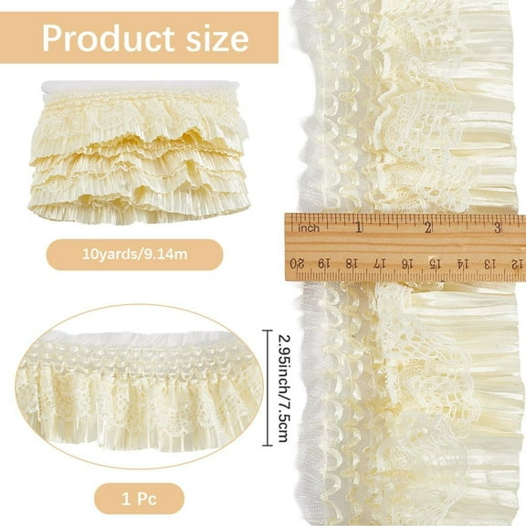 1 set 10 Yards 3 Inch Beige Satin Ruffle Trim Elastic Ribbon Vintage Gathered Mesh Pleated Lace Stretchy Embroidered Floral Egde Trims Ribbons for Sewing Making Bridal Wedding Decoration Diy Craft