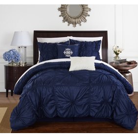 7 Piece Pintuck Pinch Pleated Navy Ivory Comforter Set Walmart Com