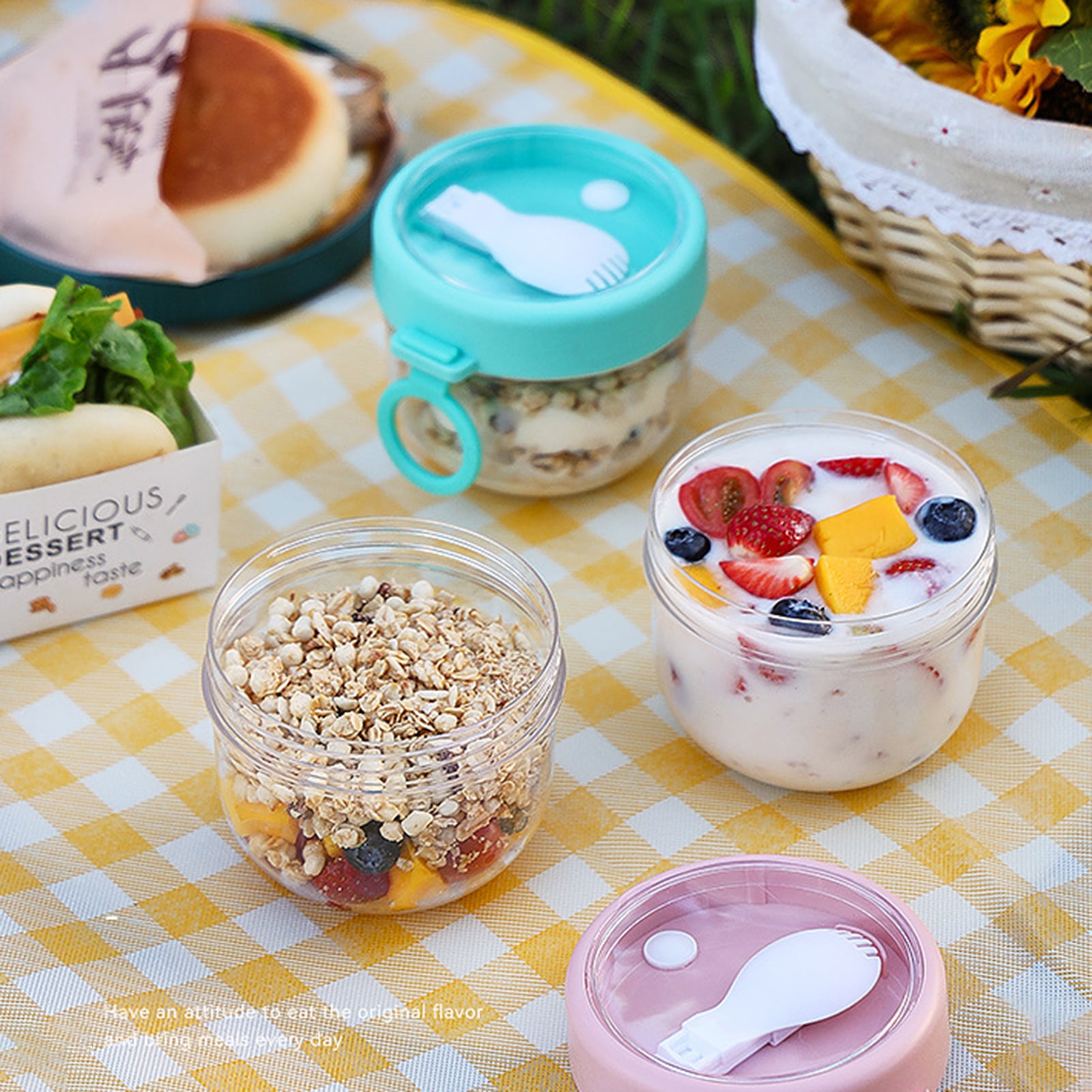 Overnight Oat Containers with Lids and Spoons,Portable Plastic Yogurt Jars 800ml,Leak-proof Dessert Cups for Yogurt Breakfast on The Go Cups, Oatmeal
