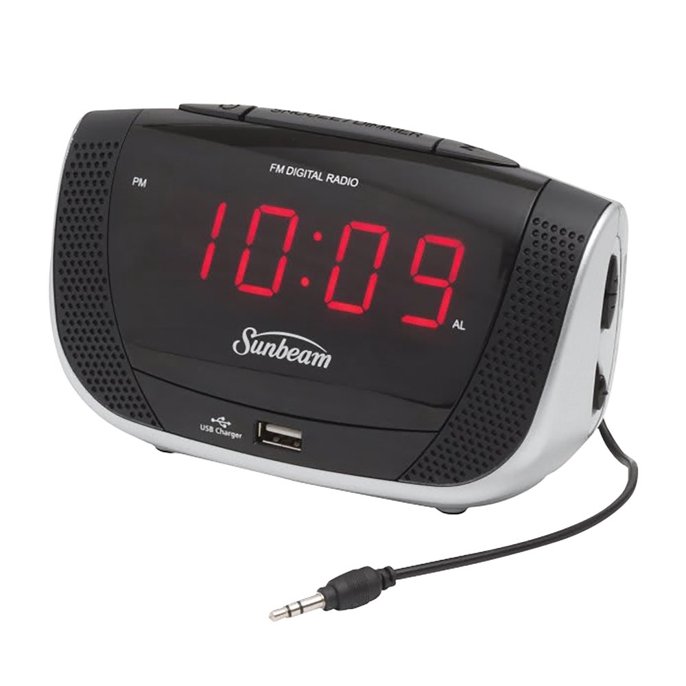 Sunbeam LED Display Compact FM Clock Radio with USB EasytoRead LED