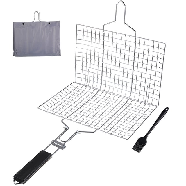 Yuarrent Cesta para asar a la barbacoa Mango de metal Parrilla para barbacoa Red Rejilla para cocinar portátil Estufas de camping