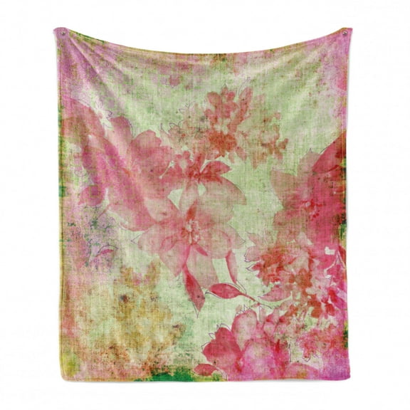 Flower Soft Flannel Fleece Throw Blanket, Floral Design with a Grunge Style Dated Background Retro Artisan Pattern, Cozy Plush for Indoor and Outdoor Use, 70" x 90", Pink and Green, by Ambesonne
