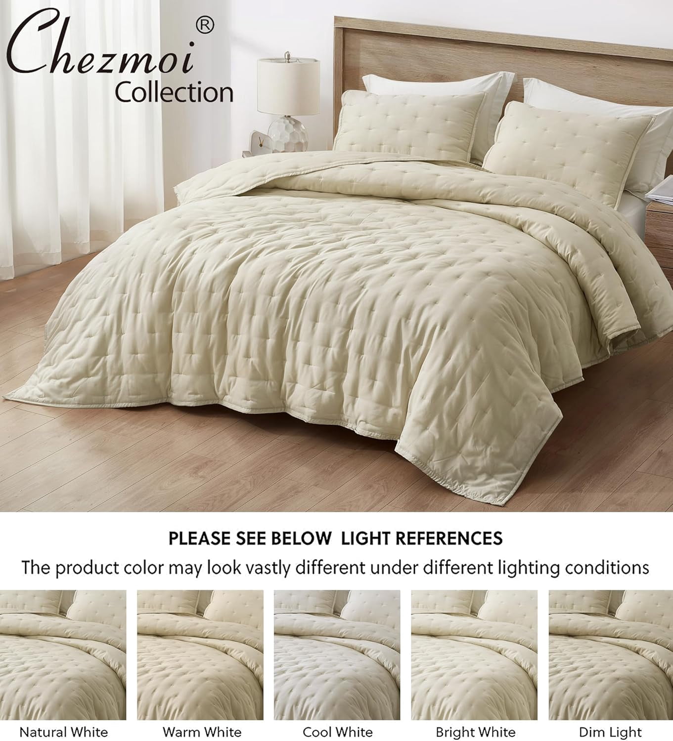 Chezmoi Collection Glen 3-Piece Crescent Stitched Quilt Set, Queen Size, Sand, Rayon Derived from Bamboo & Polyester Blended, Soft Breathable Cooling Bedspread for Hot Sleepers