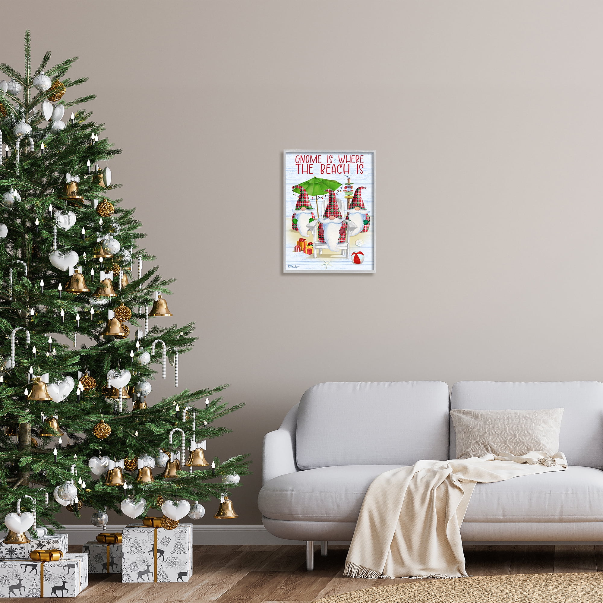 Stupell Industries Tropical Christmas Gnomes Holiday Painting Gray Framed Art Print Wall Art, 16 x 20