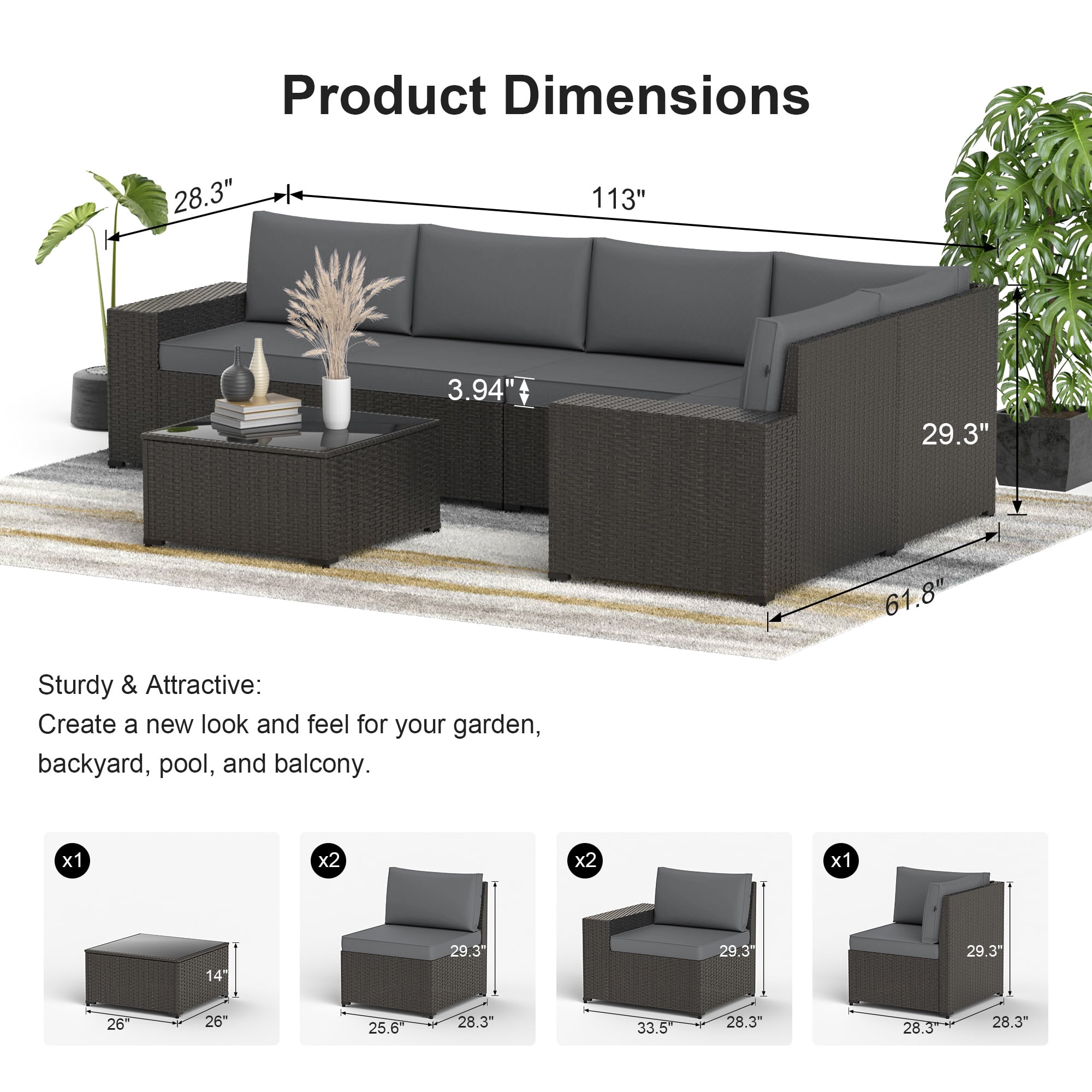 Phonjoroo 13 Pieces Outdoor Patio Furniture Set with 42” Fire Pit Table, Rattan Patio Sectional Sofa Conversation Set w/ 50000 BTU Propane Fire Pit and Coffee Table for Garden, Backyard