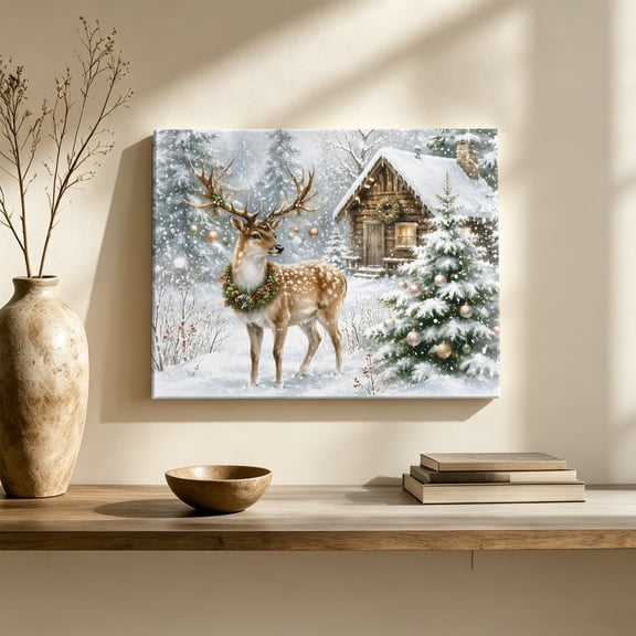 Winter Deer Canvas Wall Art, Christmas Snow Cabin Pine Tree Rustic Cottagecore Wall Art Prints Artwork Framed Canvas Ready to Hang Art Pictures for Large Dining Living Room Hallway 36" x 24"