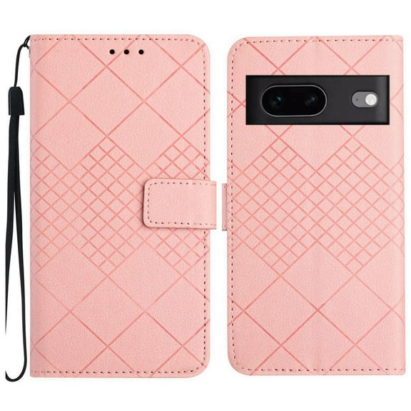 Dteck for Google Pixel 7 Magnetic Case, Premium PU Leather Folio Flip Wallet Case with Card Holder Cash Slot Lanyard Strap Kickstand Function Embossed Pattern Slim Shockproof Cover, pink