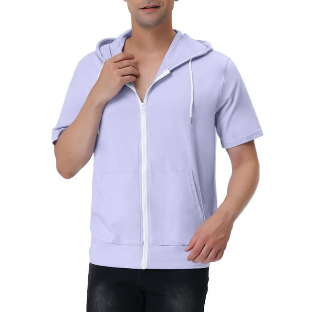 INSPIRE CHIC Men's Short Sleeve Hoodies Solid Color Zip Up Jackets with Hood 2XL Light Purple