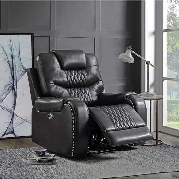 ACME Braylon Faux Leather Tufted Power Motion Recliner in Magnetite Dary Grey