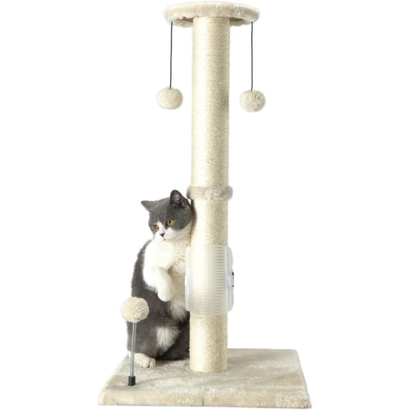 32" Tall Cat Scratching Post Sisal Scratch Posts with Hanging Ball and Self-Massage Brush Vertical Scratcher for Indoor Cats and Kittens(Light-Gray 32inches)