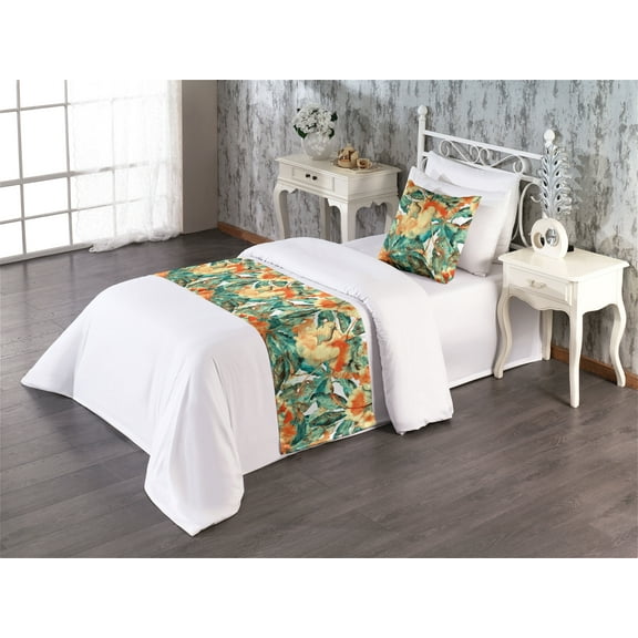 Floral Bed Runner Set, Beauty of Nature Passiflora Flowers and Leaves Blossoming in Watercolor, Decorative Bedding Scarf & a Pillow Sham for Hotels Homes, Twin, Teal Pale Yellow Orange, by Ambesonne