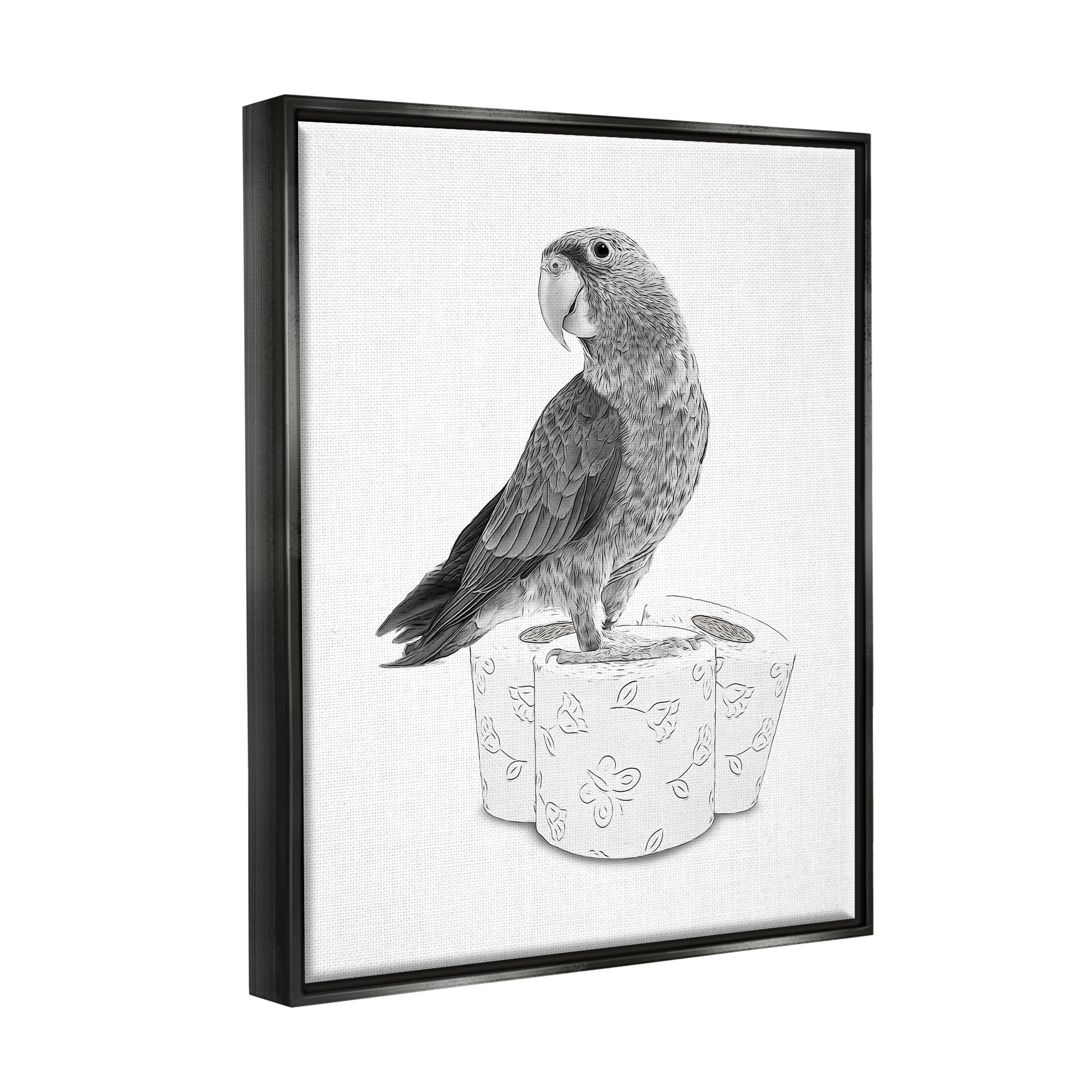 Stupell Industries Parrot & Toilet Paper Bathroom Animals & Insects Painting Black Floater Framed Art Print Wall Art