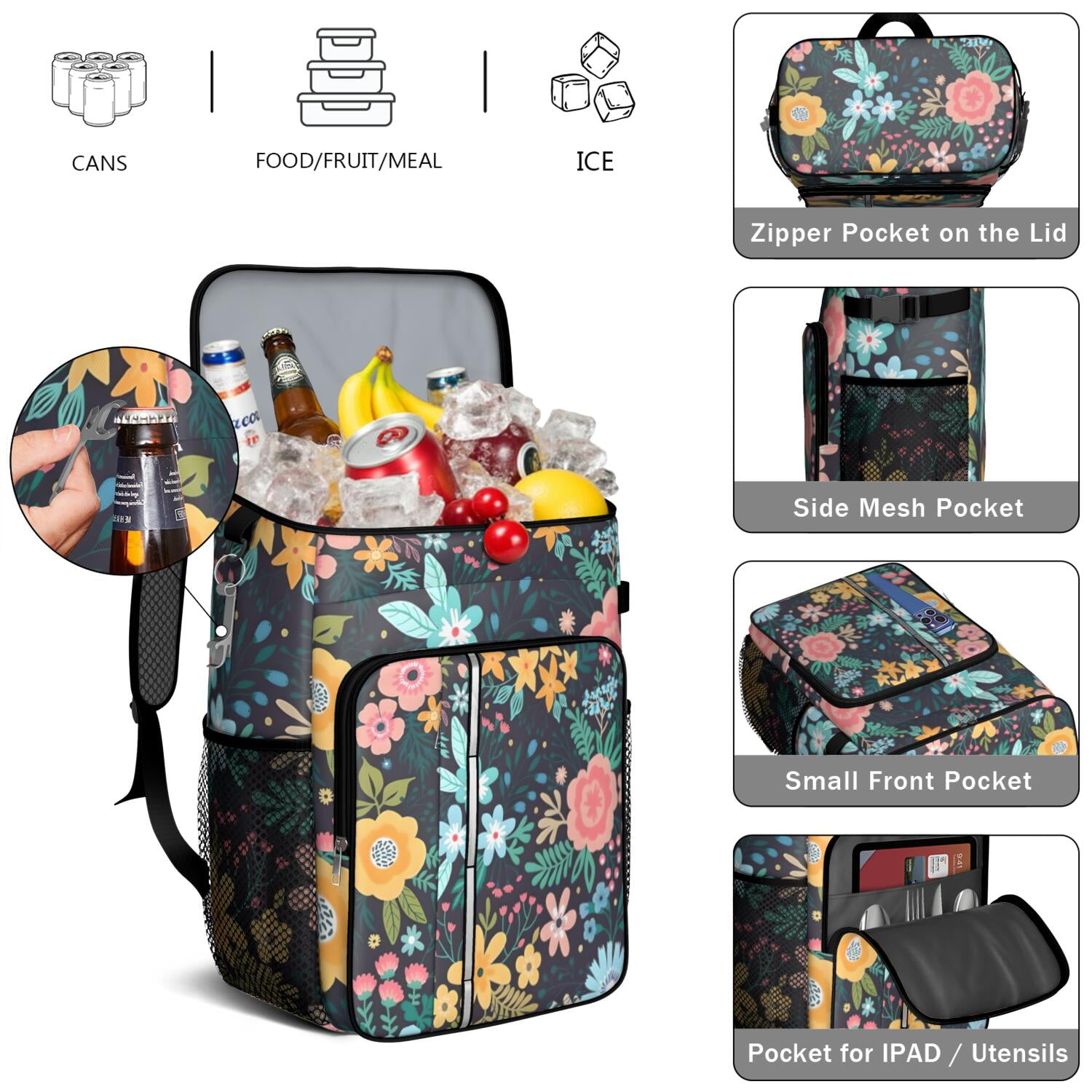 Travel Cooler Bag - Pioneer Flower Floral Print Pattern Camping Beer Cooler Backpack with Bottle Opener- Waterproof Insulated Picnic Backpacks - Cooler Bag for Beach