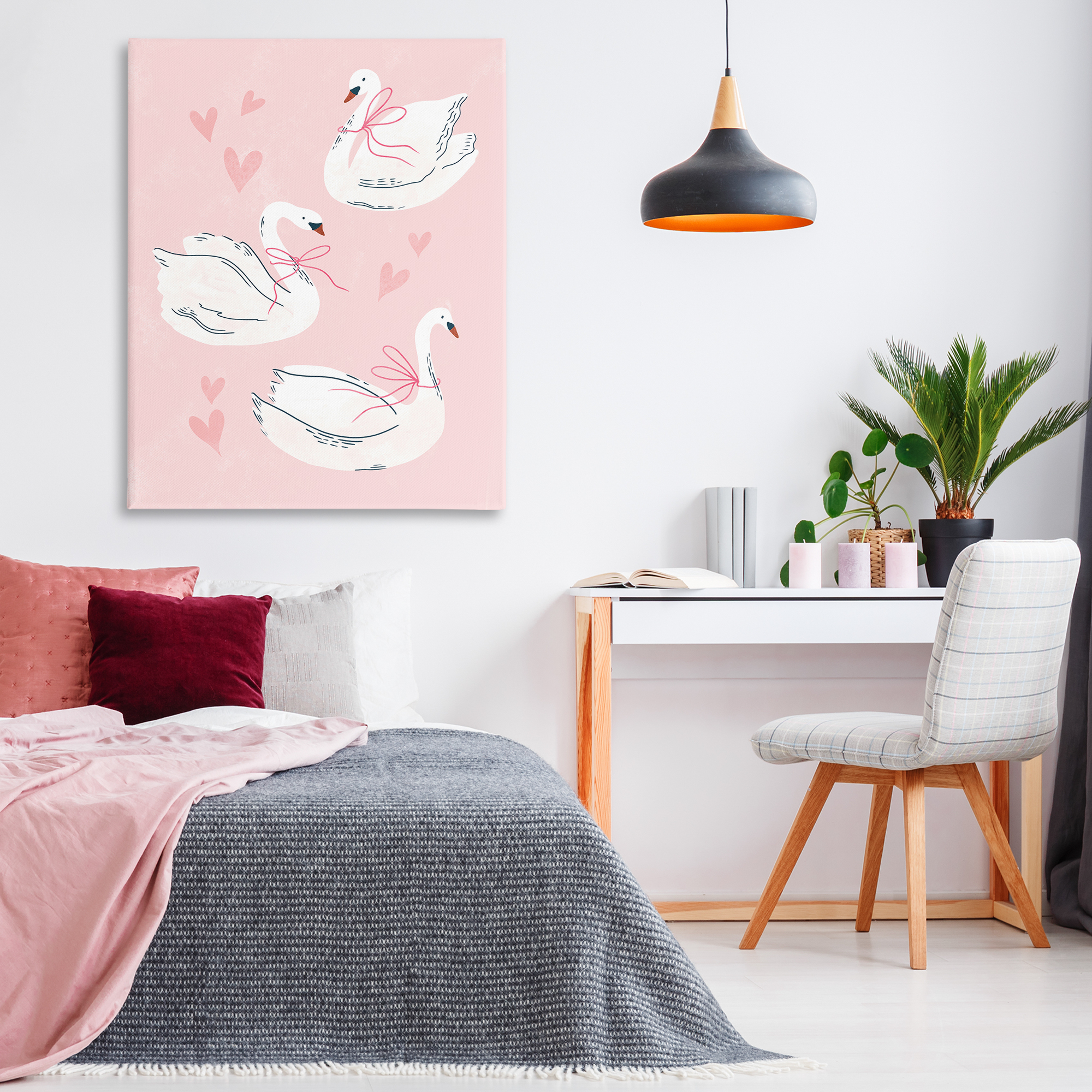 Stupell Industries Pastel Ribbons on Swans Animals Painting Wrapped Canvas Art Print Wall Art, 36 x 48