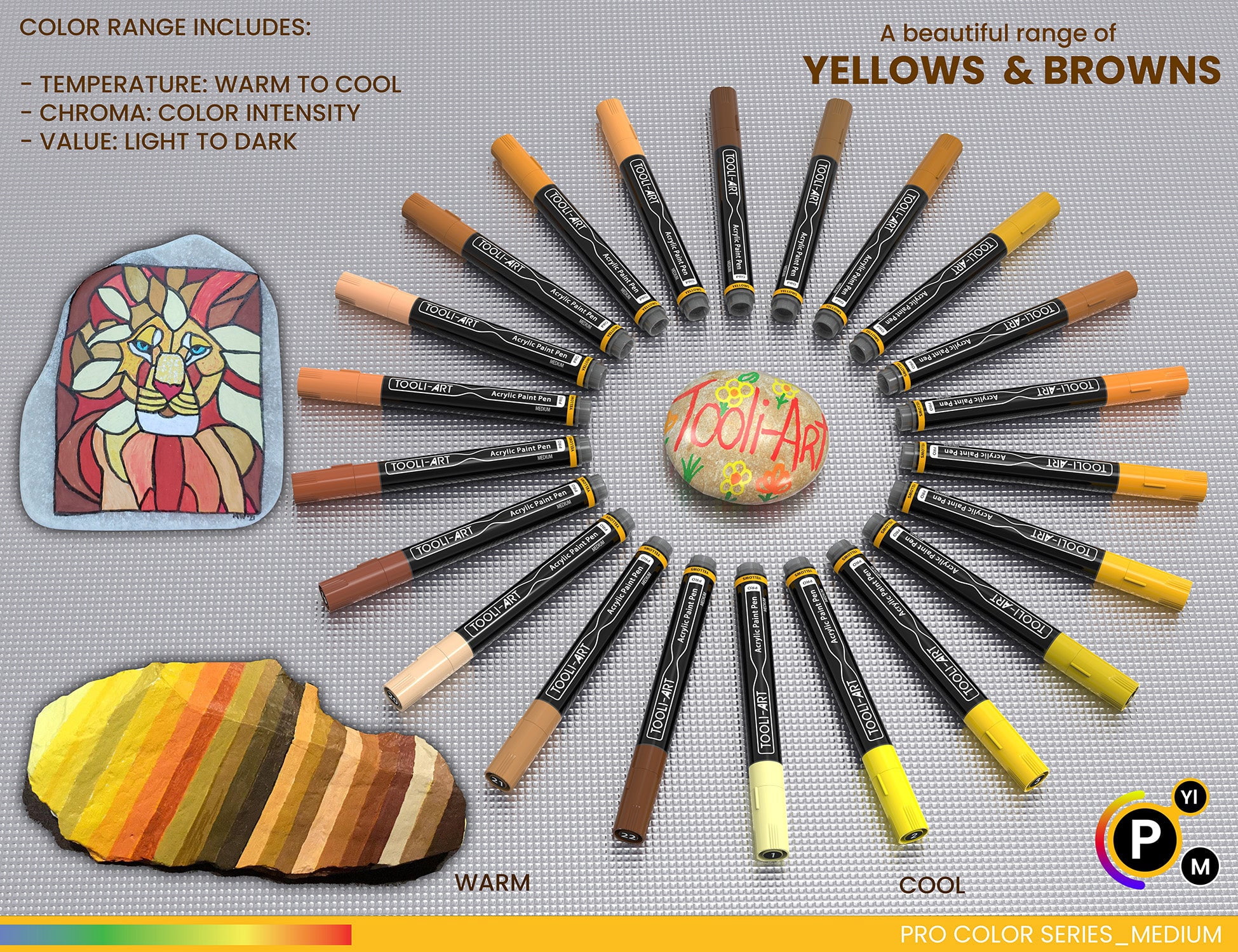Tooli-Art Acrylic Paint Pens Yellow and Brown Pro Color Series Set with 3mm Medium Tip Marker Set of 22