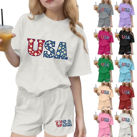 Auroural 2 Piece Clothing Sets for Girls Children s Summer Independence Day Printing Leisure Round Neck Short Sleeves Top Shorts Two-Piece Set Kids