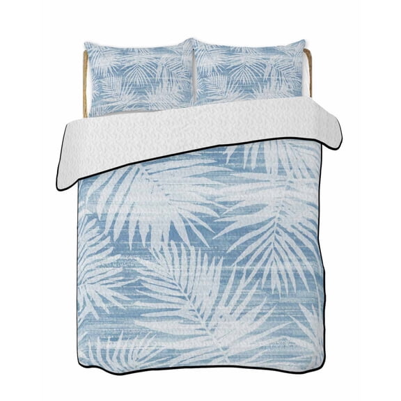 Quilts Twin-XL Size Bedding Set, Blue Palm Leaves Lightweight Quilted Comforter, Summer Tropical Botanical Coastal Soft Reversible Bedspread Coverlet with Pillow Covers for All Season, 68" x 98"