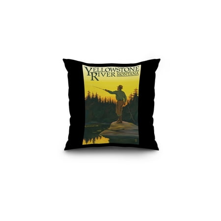 Yellowstone River, Montana - Fly Fishing Scene - Lantern Press Artwork (16x16 Spun Polyester Pillow, Black